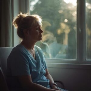 a caregiver sitting by a window with morning light washing over them, eyes closed