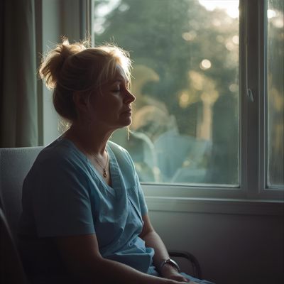 a caregiver sitting by a window with morning light washing over them, eyes closed