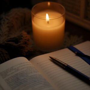 soft candlelight beside an open journal and pen