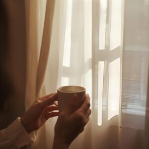 soft morning light over a quiet home—a sunlight through a curtain or hands holding a warm cup.