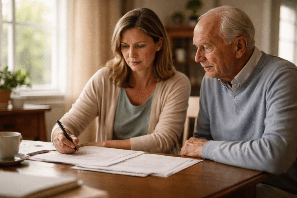 elderly parent and daughter reviewing documents