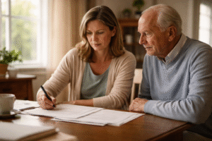 elderly parent and daughter reviewing documents