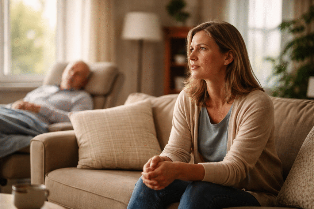 middle aged caregiver sitting quietly