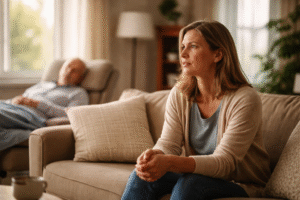 middle aged caregiver sitting quietly